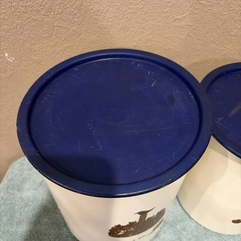 VINTAGE TUPPERWARE “An Apple a Day” WHITE/BLUE TOPS SET OF 3 ONETOUCH CANISTERS